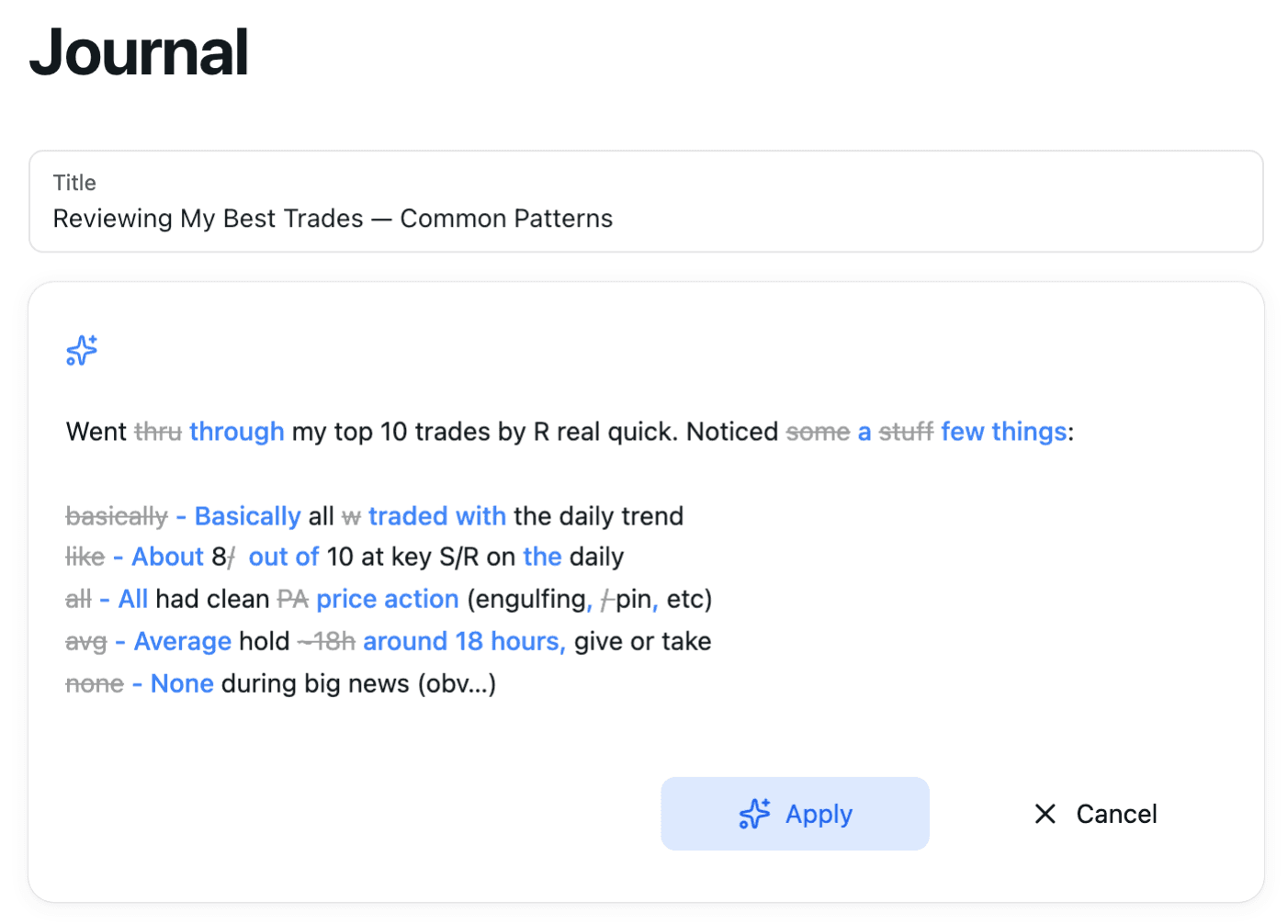 RiskReward Pro Journal with AI formatter cleaning up trade notes