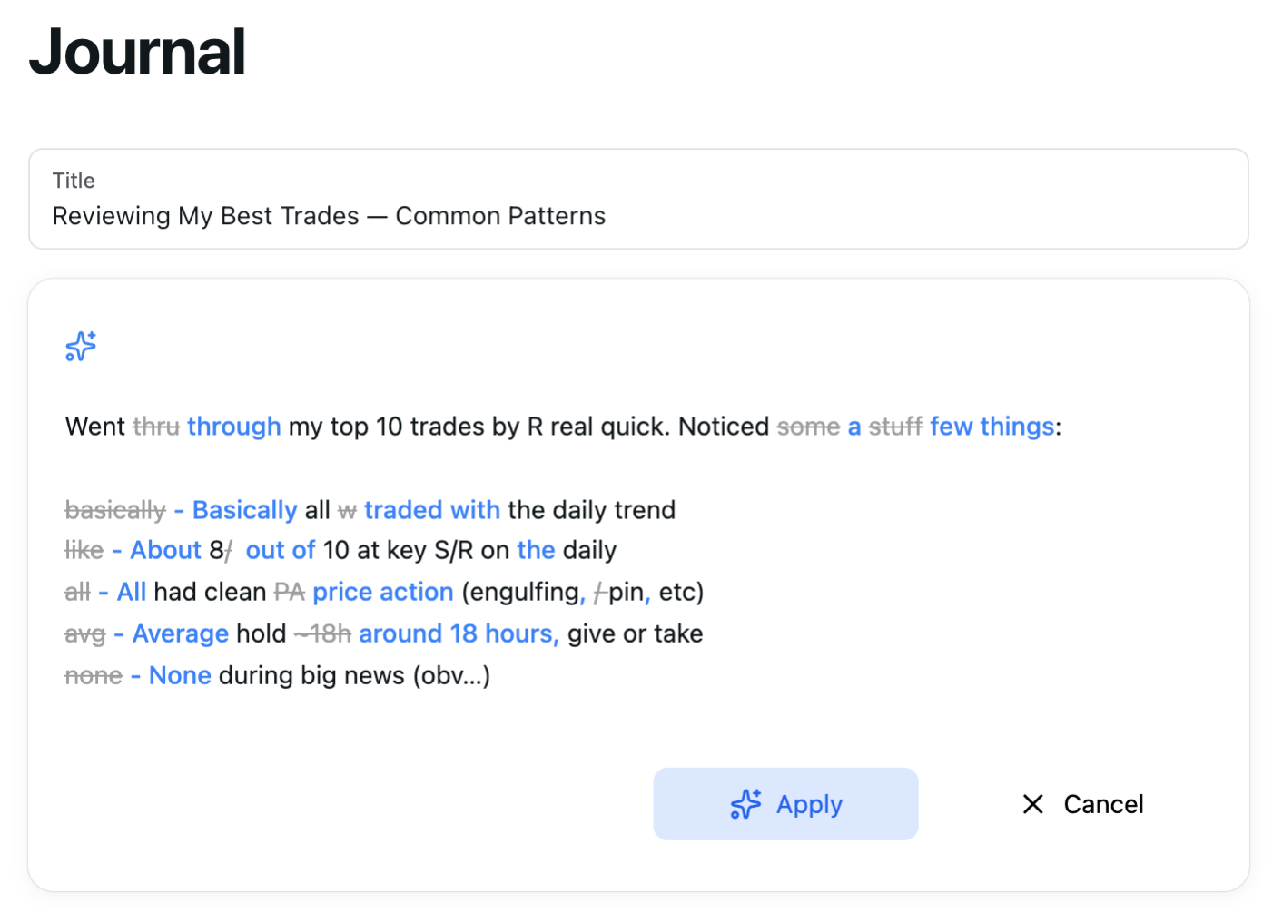RiskReward Pro Journal with AI formatter cleaning up trade notes